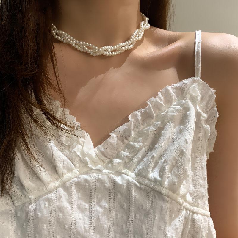 French elegant multi-layer pearl beaded necklace light luxury collarbone chain fairy chocker