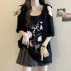 Large size bow off-the-shoulder splicing short-sleeved t-shirt women's summer new loose and versatile and thin meat-covering short top