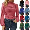 Women's Autumn Solid Color High Neck Pleated Slim Lantern Long Sleeve T-shirt