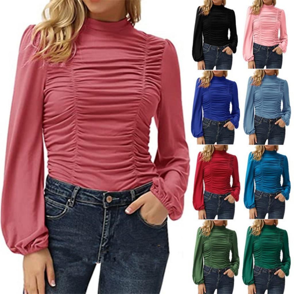 Fall New Women's Solid Color High Neck Pleated Slim Fit Long Lantern Sleeve T-shirt, European & American Style Casual Top for Women