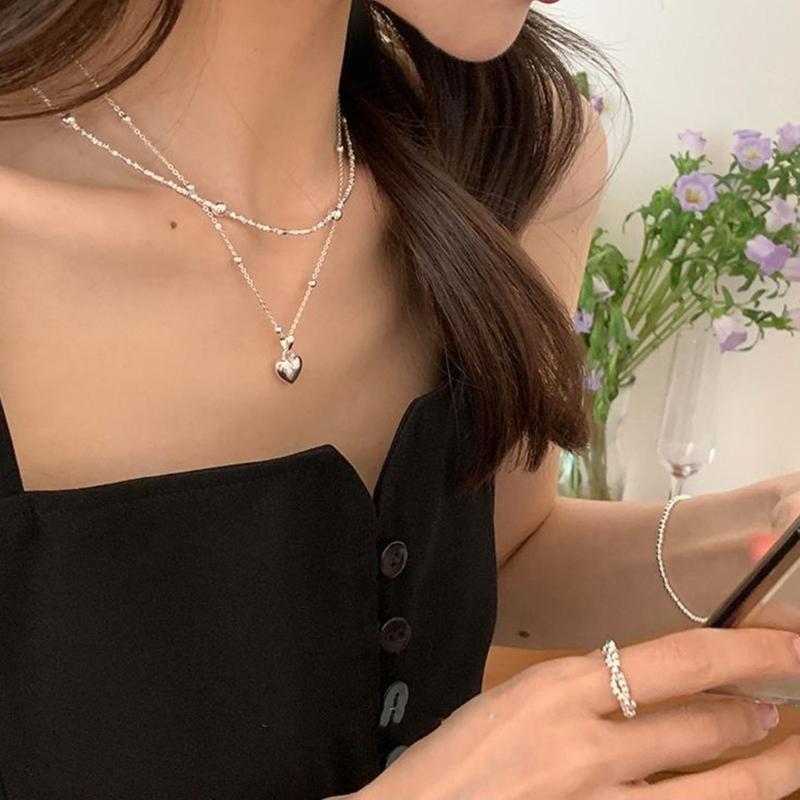 Fashion Heart Pendant Necklace Silver Color Bead Layered Necklace Temperament Clavicle Chain Necklace Choker Jewelry