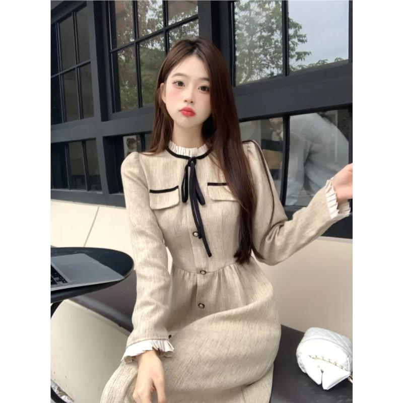 Spring Autumn New French Style Tight Waist Gentle Elegant Solid Color Long Sleeve Collar Lace-up Dress