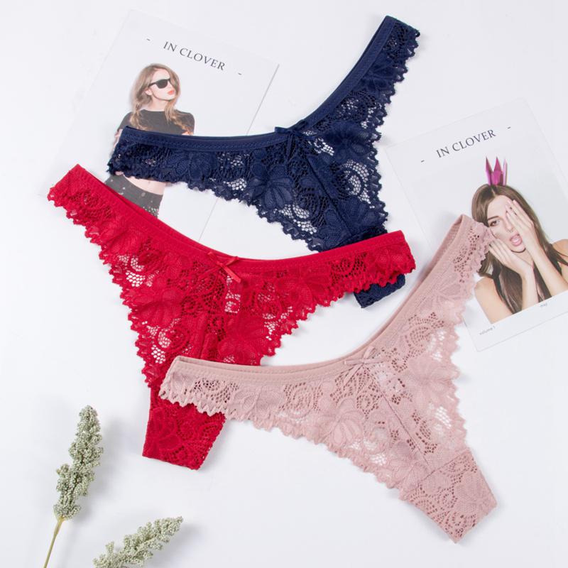 2 Pcs Sexy Lace Thong Low Waist Lace Transparent Panties Women Hollow Out Breathable G String Briefs Bow Underwear Lingerie