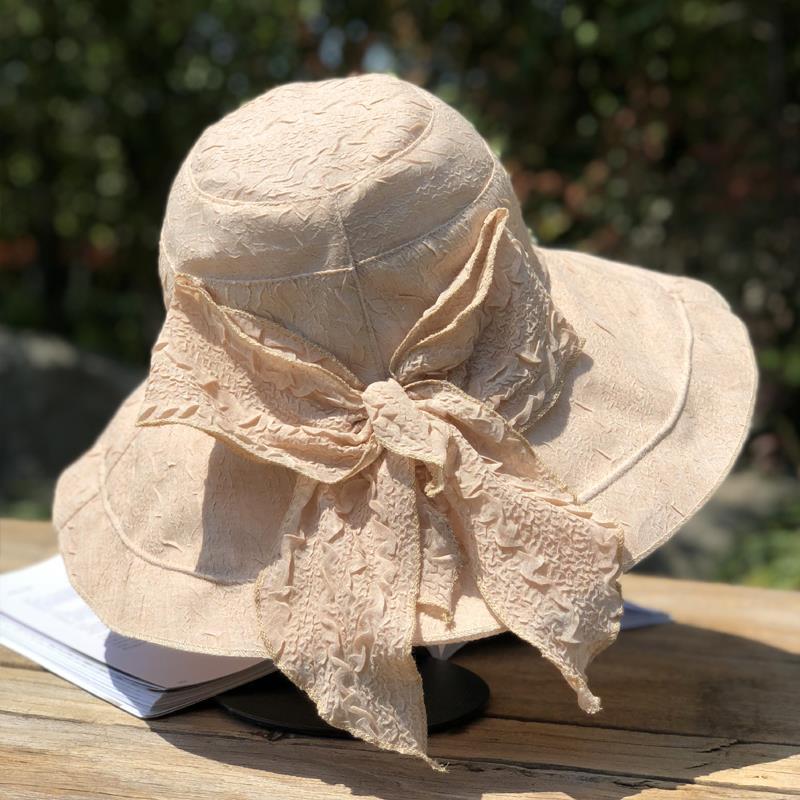 

Большая плиссированная тканевая солнцезащитная шляпа с карнизом для женщин на прогулках, защита от солнца, рыбацкая шляпа в форме банта для женщин летом 54-58CM