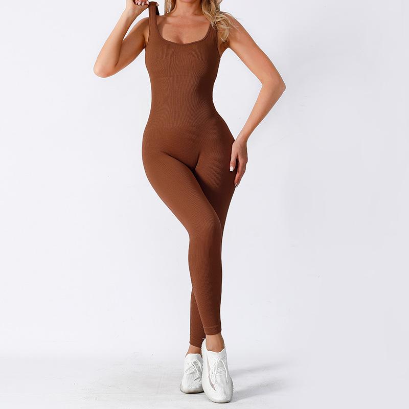 Fitness Yoga Clothes Knitted with Chest Pads Threaded Trousers Jumpsuit Solid Color Seamless Sportswear Jumpsuit Customization
