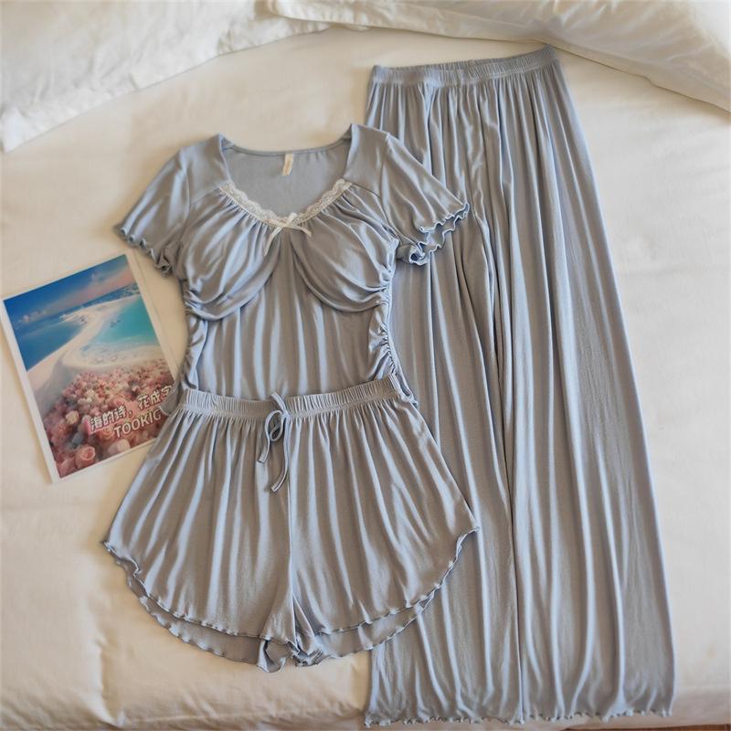 Women's Modal Pajama Set: Summer Short Sleeve & Long Pants with Chest Pad