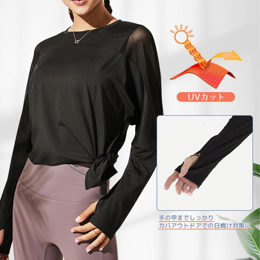 Barifall Yoga Loose Fitness Long Women's T-Shirt, Fit, Top, Sleeve, Stretch, Moisture-Wicking, Quick-Drying, 030-BK-L