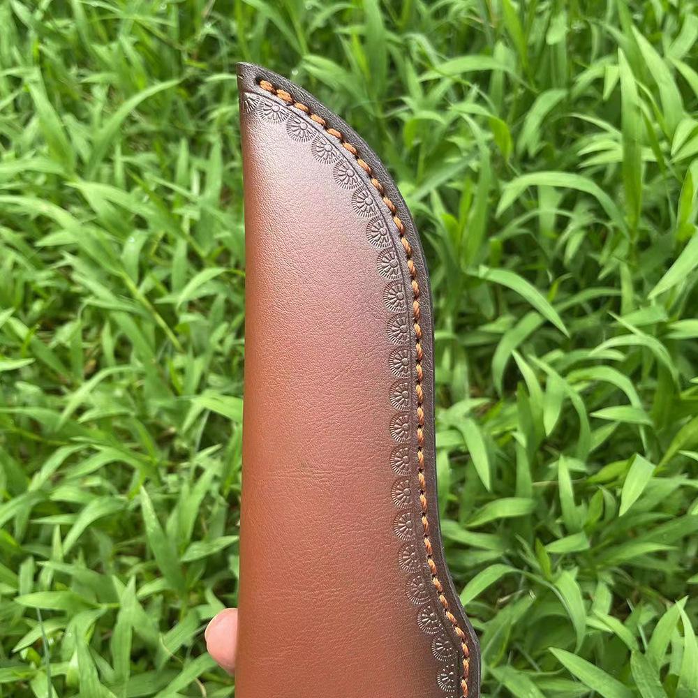 22cm Fixed Blade Knife Scabbard Embossed Cowhide Second Layer Leather Camping Knife Case Hunting Holsters with Belt Buckle