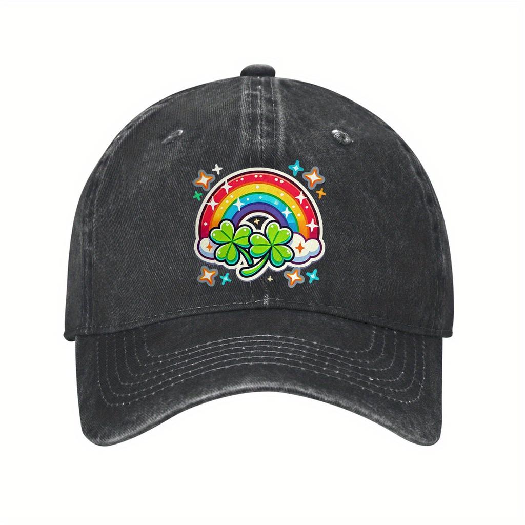St Patricks Day Rainbow Clover Baseball Cap Distressed Denim Graphic Print Casual Adjustable Hat