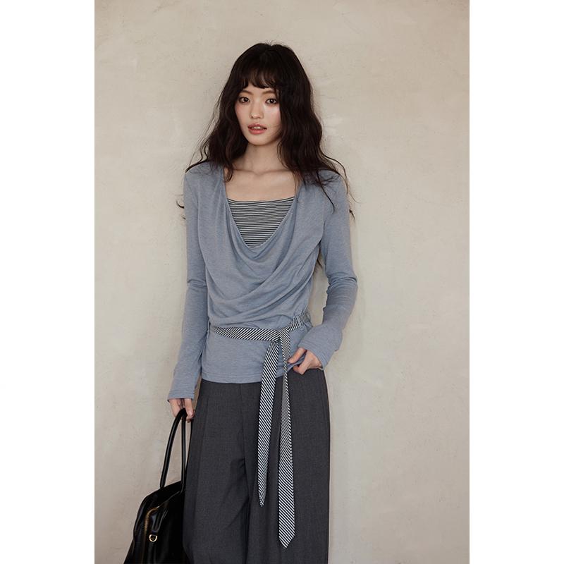 Yimeng 2026 Spring Korean Style Ribbon Two-Piece Layered Women s T-shirt Medium