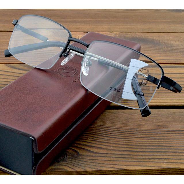 

Фотохромні прогресивні мультифокальні окуляри для читання з металевими дужками з половинною оправою від +0,75 до +4 з поліуретановим футляром на зображенні +400 чорний