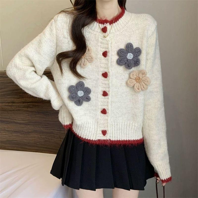 Französisches Temperament Floral Rundhals Pullover Mantel Damen Herbst Winter Lässiger Stil Kurz Gestrickte Strickjacke