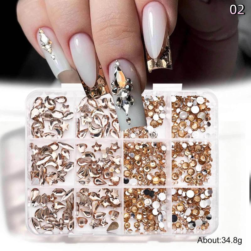 12 Grids Flat Bottom Mixed Nail Diamond 12 Color Nail Rhinestone Shiny Colorful Nail Gems Glass Stones Nail Charm