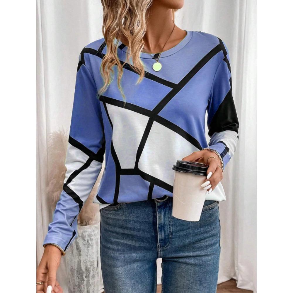 Tops for Women Geometric Pattern Print Round Neck Long Sleeve T-shirt Fall Casual Slim Pullover Women's Long Sleeve Top
