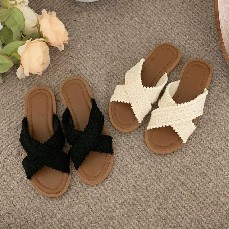 2026 Fashion Women Sandals Ladies Flat Roma Heels Knitted Summer Sandals Outside Cross Tied Leather Female Slides Woman Sandals