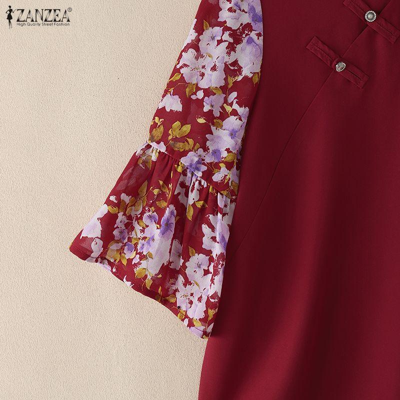 ZANZEA Damen Freizeit Stehkragen Print Patchwork 3/4 Ärmel Elegante Bluse