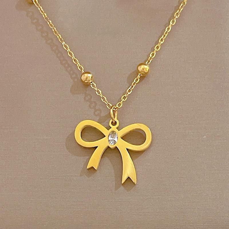 Zircon Bow Simple Wind Furnace Real Gold Necklace Female Collarbone Chain Accessories