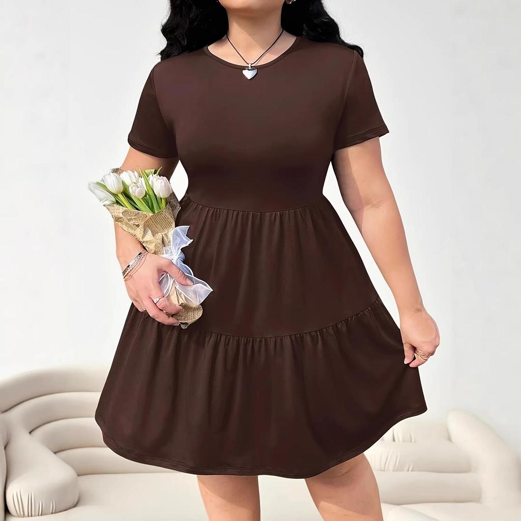 European & American Women's Solid Color Ruffle Hem Short Sleeve T-shirt Dress, Casual Fashion (2026)