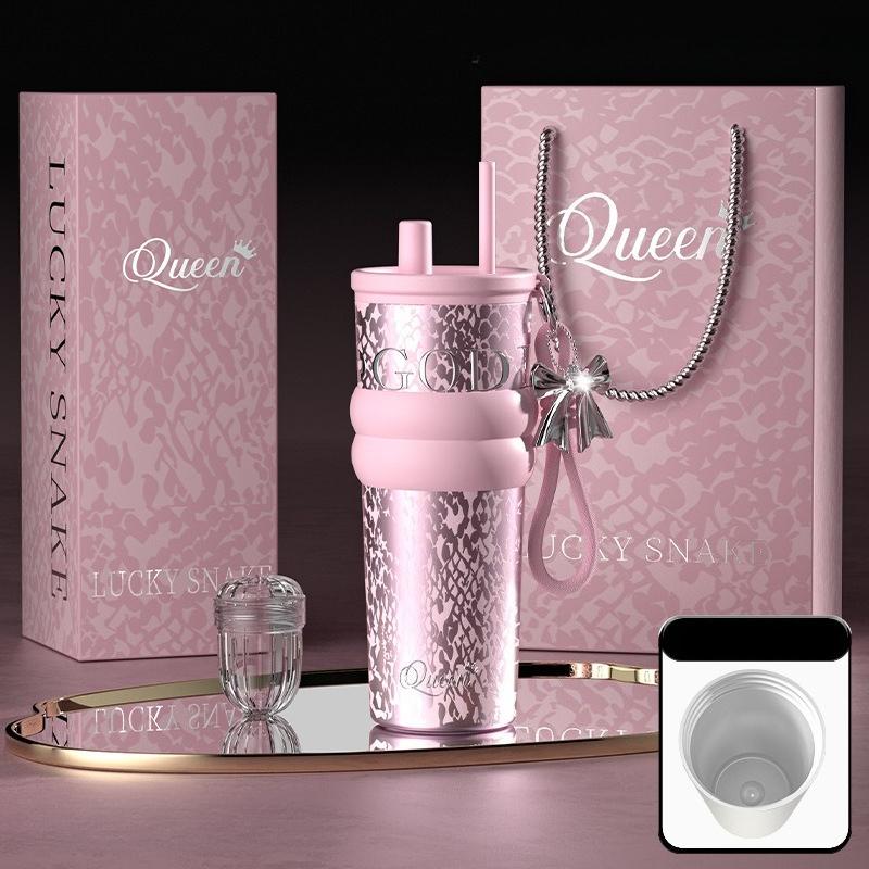 710ml Travel Thermos with Straw and Leak-Proof Lid Stainless Steel Metal Water Bottle for Hot and Cold Coffee Drinks