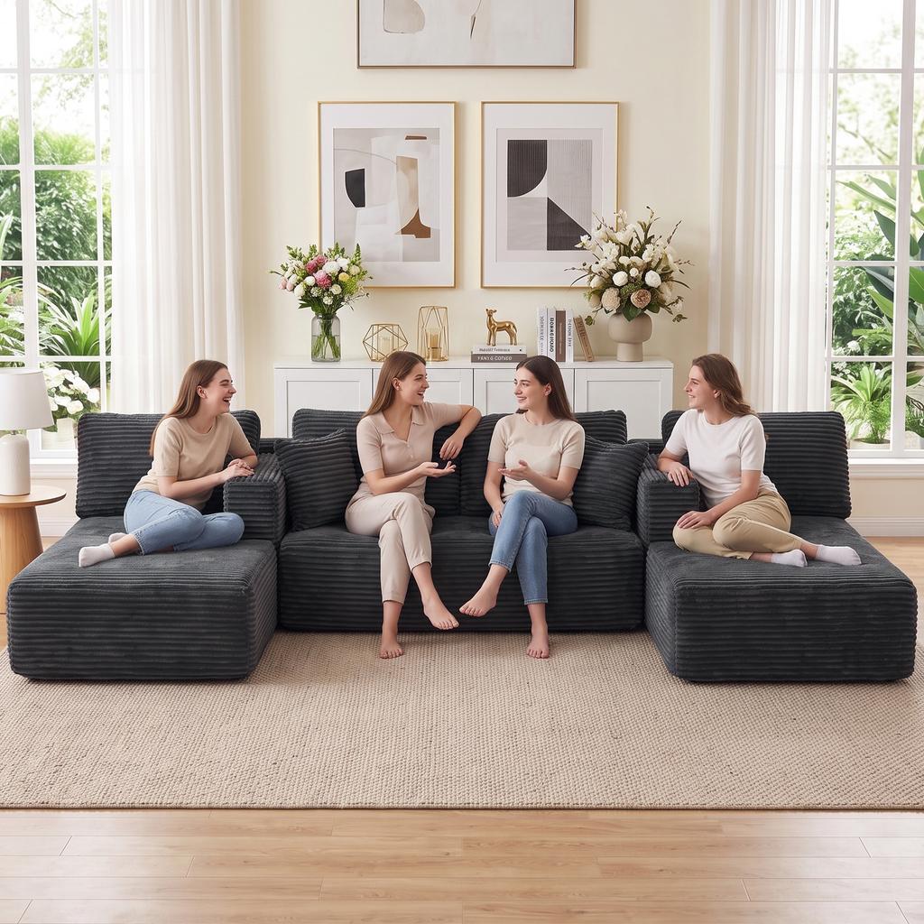 Modular U-Shaped Sofa with 2 Chaise Longues, Corduroy Sofa Bed with High-Density Foam and Spring Cushioning, Dark Grey