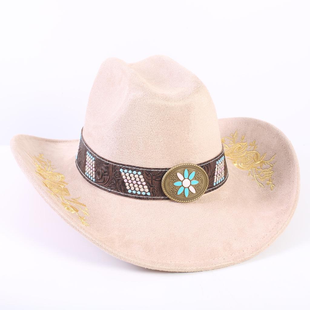 Popular European and American Classic Suede Western Cowboy Hat Men's and Women's Big Brim Embroidered Outdoor Sun Hat