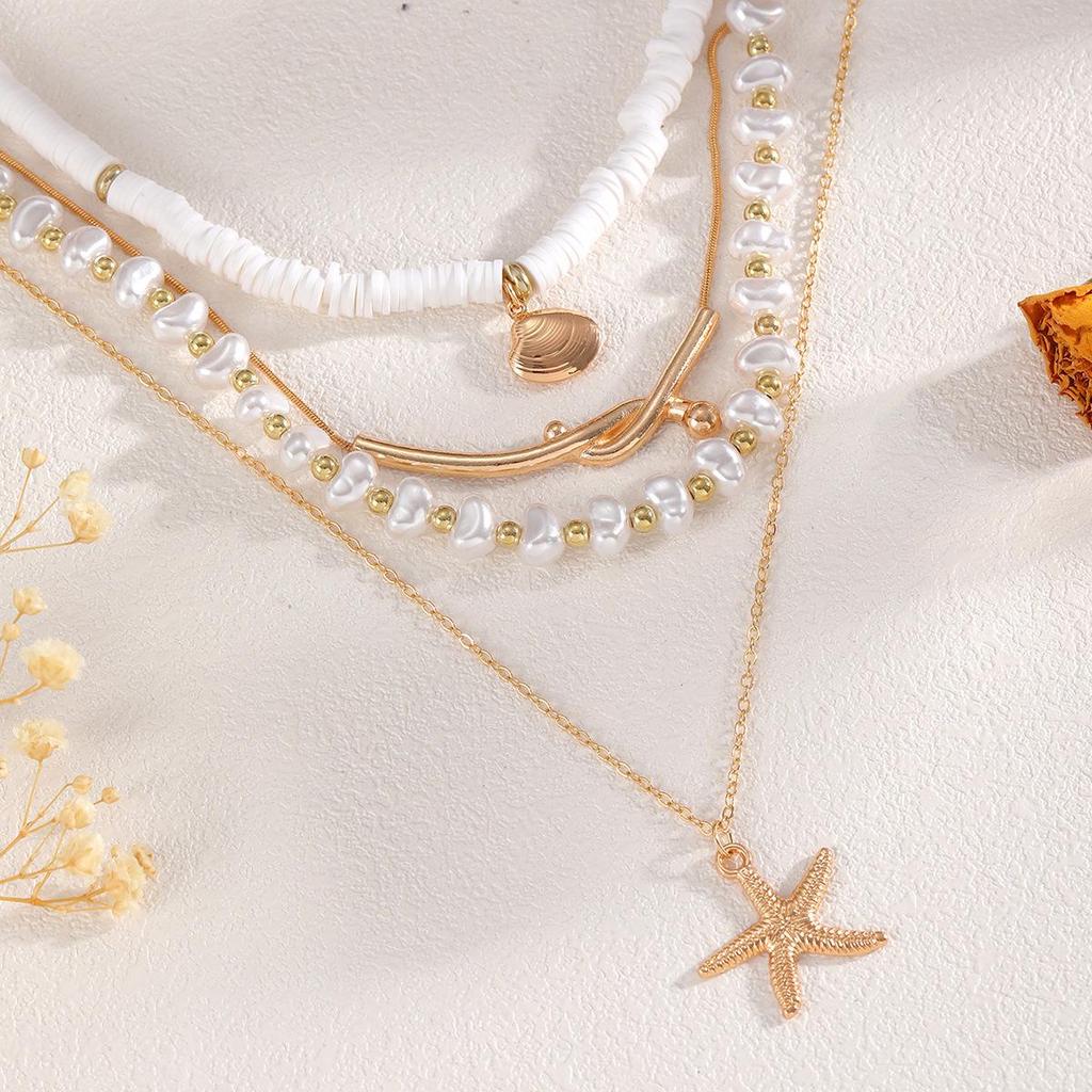 European & American Beach Style Starfish & Seashell Pendant Layered Necklace with Imitation Pearl Beads for Women