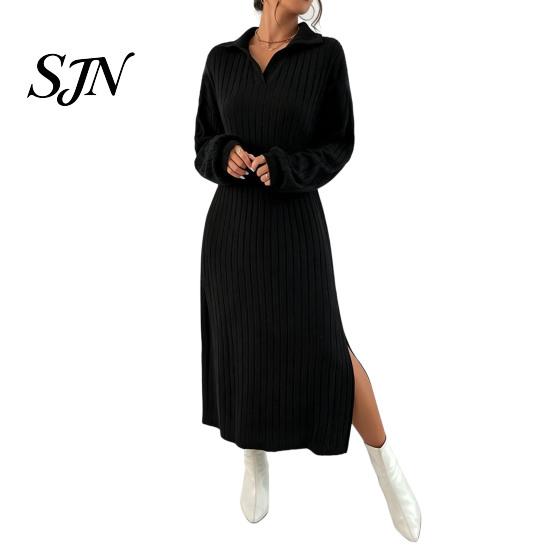Ribbed Sweater Dress Women Knit for Fall Winter, Long Sleeve with Elegant Dresses Side Split, Solid Color Casual Collared V Neck Midi