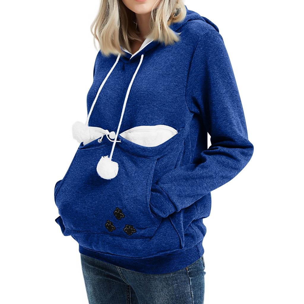 Women's Fashion Casual Top Solid Color Long Sleeve Pet Pocket Hoodie Sweatshirt