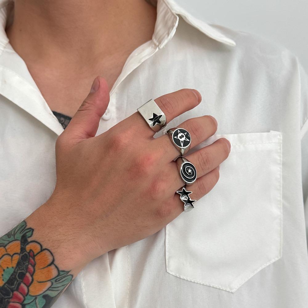 Zestaw 4 szt. Hip-hop Punk Geometryczne Owalne Prostokątne Pięcioramienna Gwiazda Otwierane Pierścionki dla Mężczyzn Modne Zestawy Biżuterii Osobowości Prezent