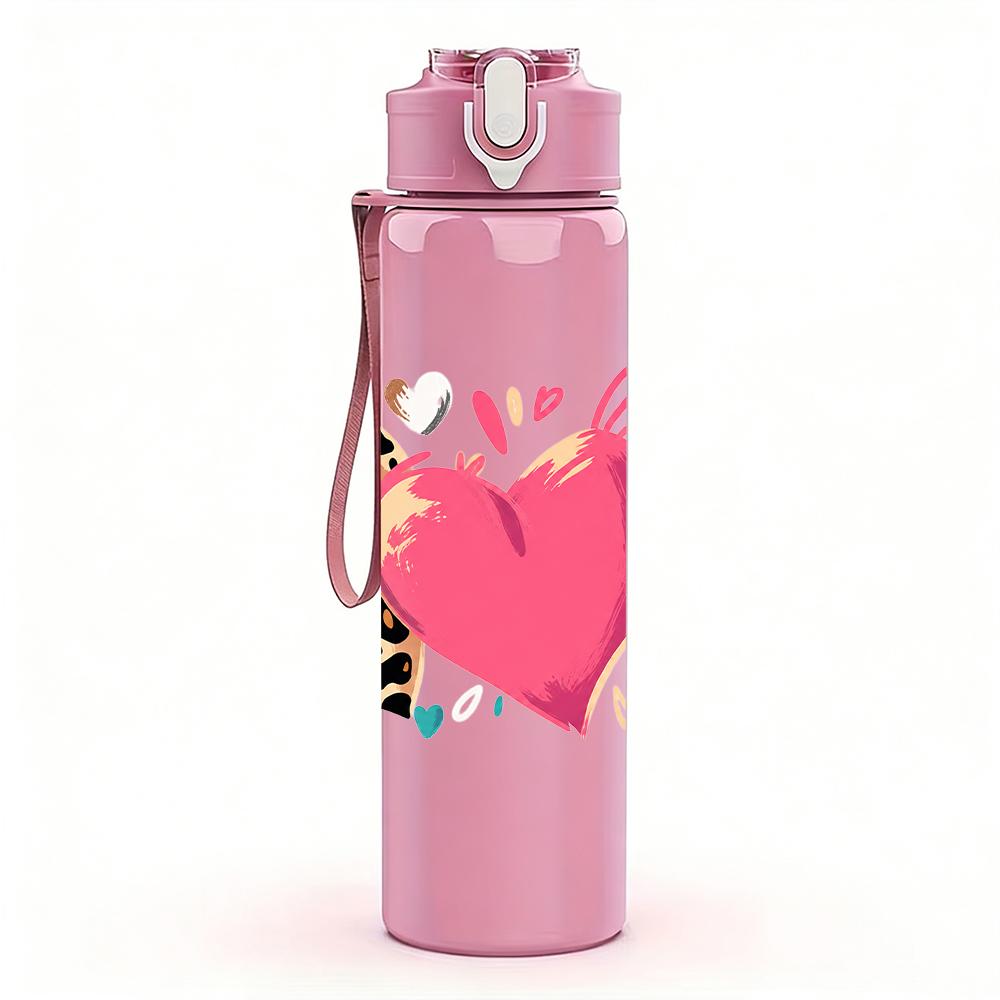 1PC Multi Texture Patch Heart Combo 750ml Color Plastic Sports Water Bottle Leakproof Flip Straw Lid Suitable for Sports Office Home Use
