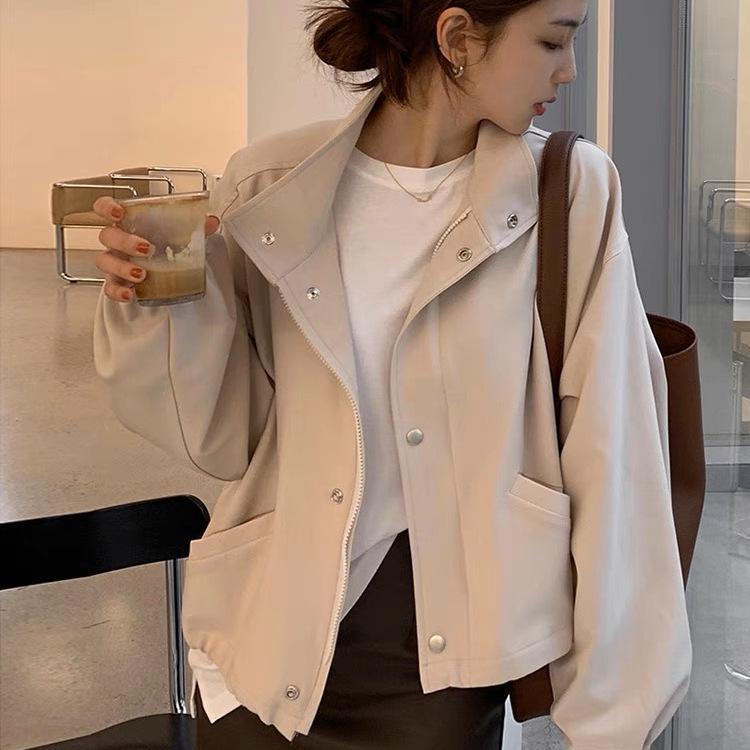Women's Casual Stand Collar Jacket - Lightweight Solid Color for Spring/Autumn