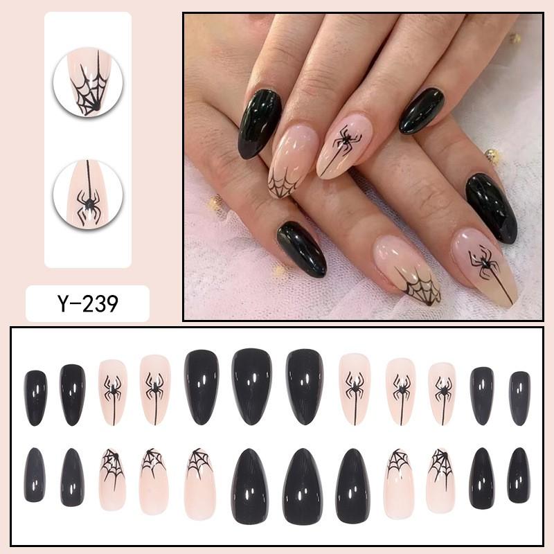 Halloween Spider Web Nail Tips Long Teardrop Shape Black Gothic Press-On Nails Women