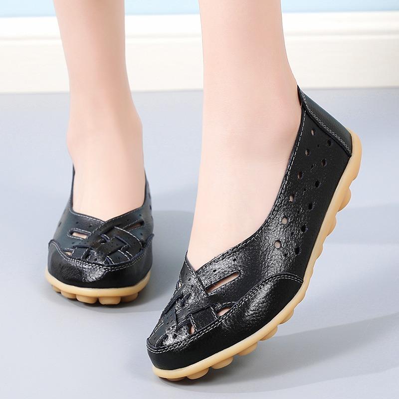 Women's Breathable Perforated Leather Flat Shoes Comfortable Massage Sole Casual Loafers for Daily Walking
