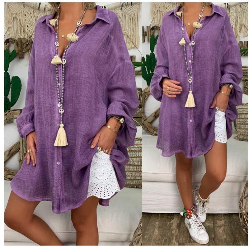 Summer New Cotton and Linen Plus Size Shirts Women Button Up Loose Long Sleeve Casual Women's Blouses Women Tops Simple Lapel Office Lady Shirts 26457