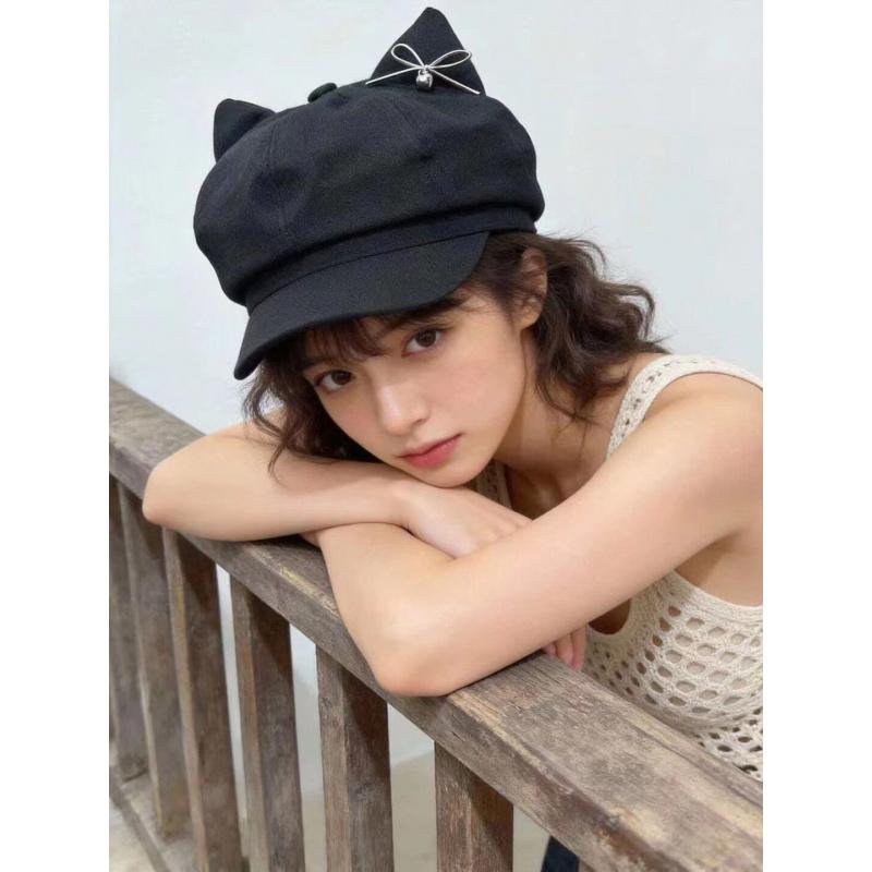 Women Cute Ear Octagonal Beret Summer Bowknot Design Painter Hat Face Slimming Cap