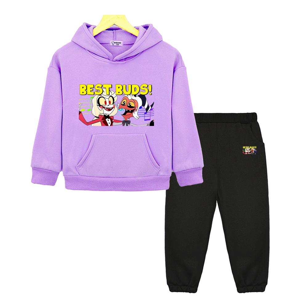 2PCS pullover+Pant kid boutique clothe Autumn helluva boss print hoodie Fleece Comfortable Sweatshirt jacket boy girl Spors Sets