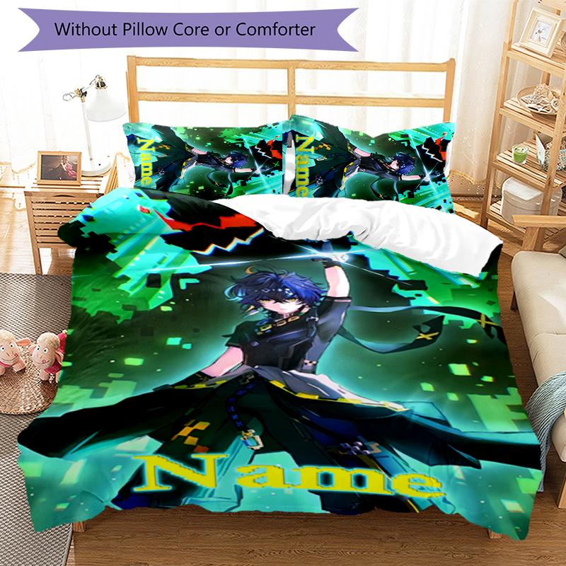Juego de Ropa de Cama con Nombre Personalizado de Personajes de Genshin Impact de 3 Piezas Funda Nórdica con Cierre Incluye 1 Funda Nórdica y 2 Fundas de Almohada para Todas las Estaciones Decoración de Dormitorio