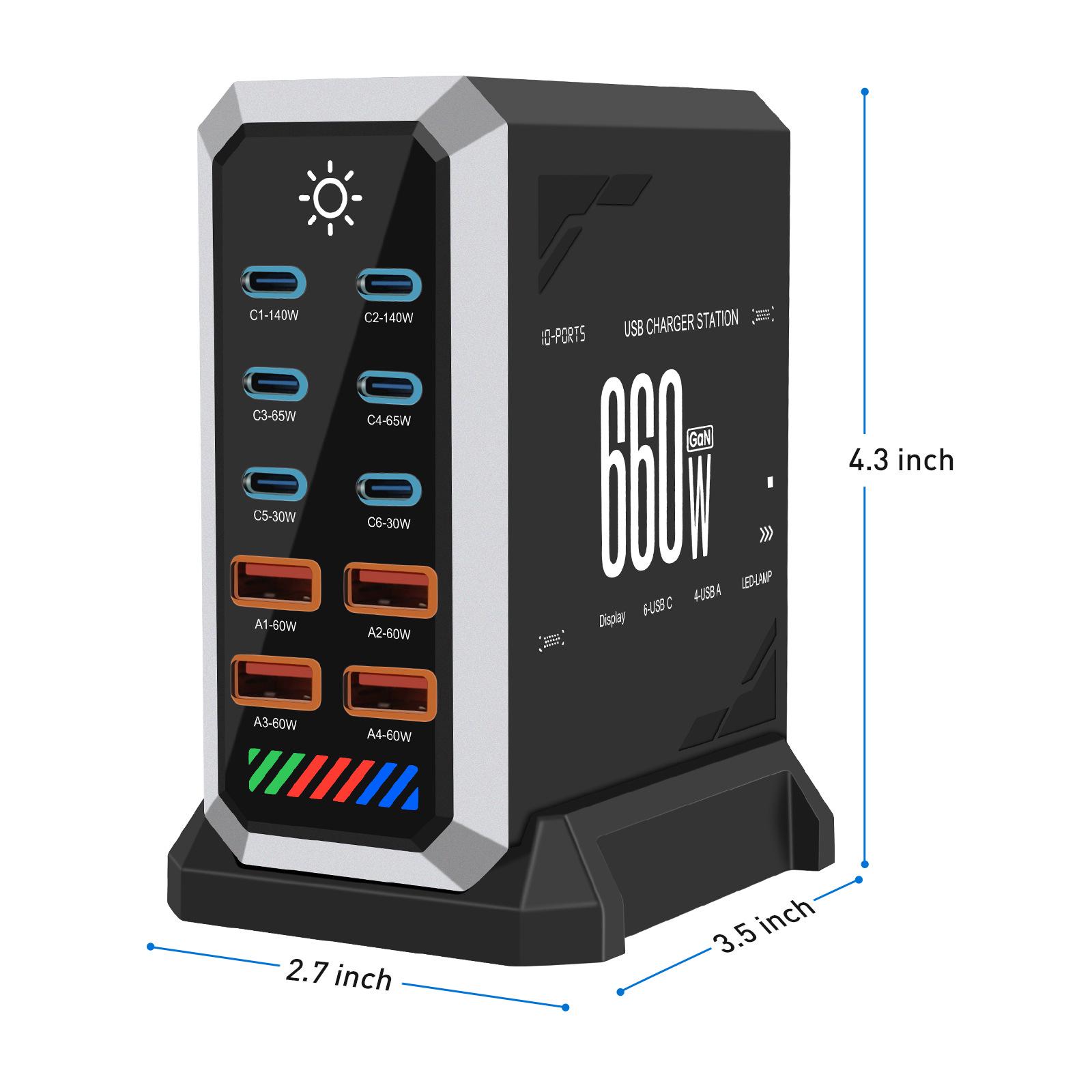 660W Gallium Nitride Multi-port Charger with Digital Display for Laptops & Phones 660W GaN UK Plug чёрный