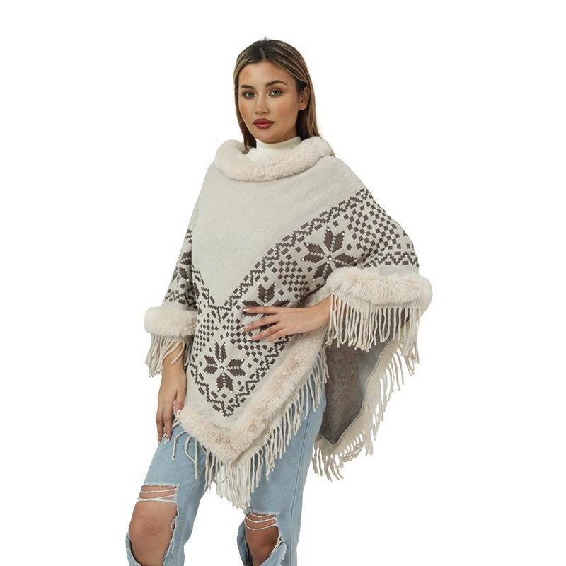 Cape Shawl Knitted Shawl Fur Collar Beaded Fringed Hem Sweater Women