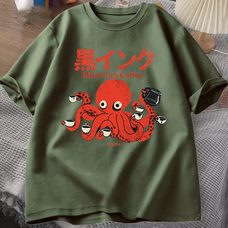 Japanese Style Octopus Tshirt Men Women Round Neck Causal Short Sleeve Tshirt Cute Octopus Print Tops Tees Oneck T Shirt S