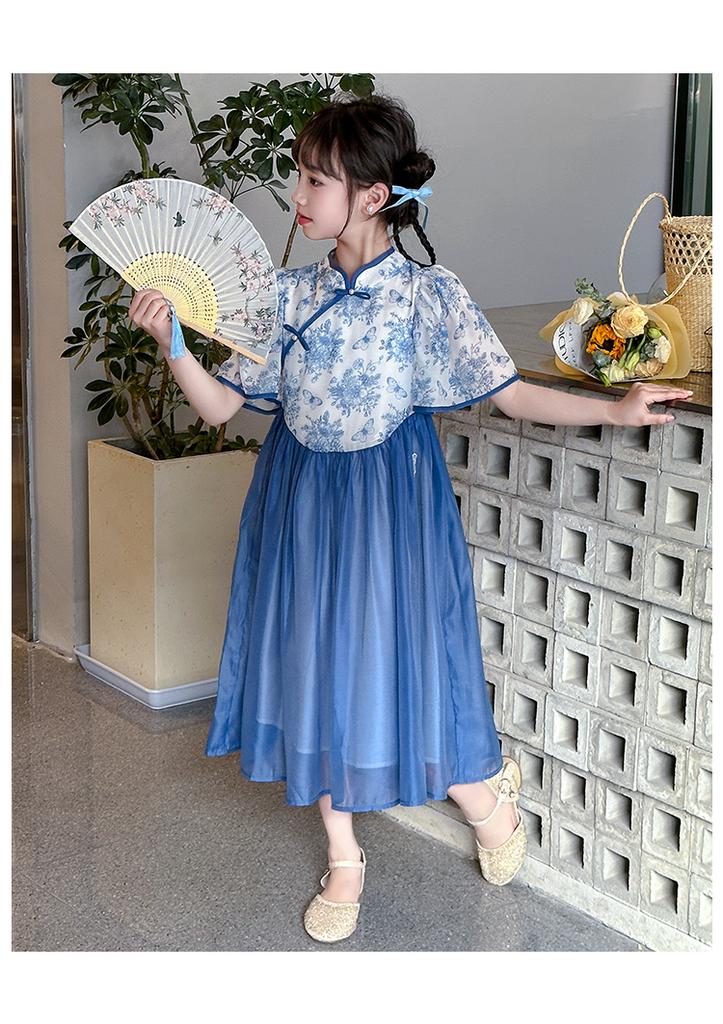 Girls' cheongsam dress 2026 new summer children's Chinese style blue and white porcelain Hanfu ancient style summer princess dress