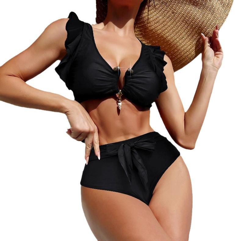 2024 Women's V-Neck Bikini Swimsuit with Metal Accessories - High Waist Two-Piece