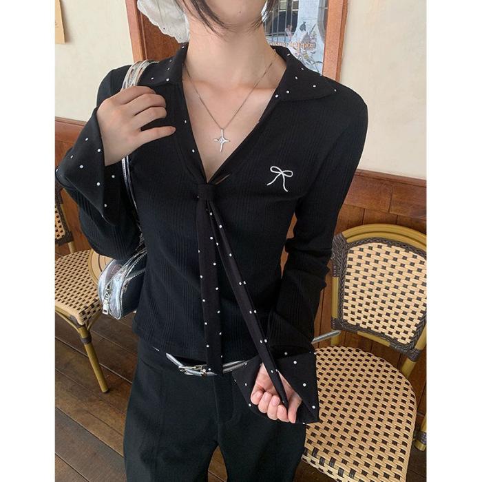 

[Dove velvet + human cotton] Polka dot streamer splicing T-shirt for women s autumn inner cover, waist and thin, sweet girl XL чорний