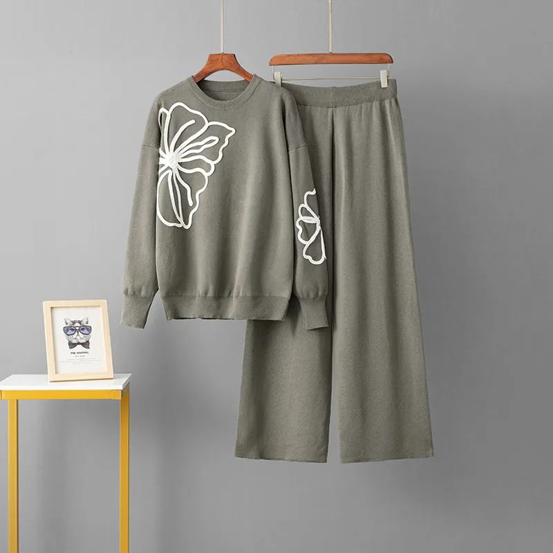 

European and American Foreign Trade Temperament Knitting Suit round Neck Embroidered Sweater + Loose Casual Wide Leg Pants Two-piece Set Women Camel color One size