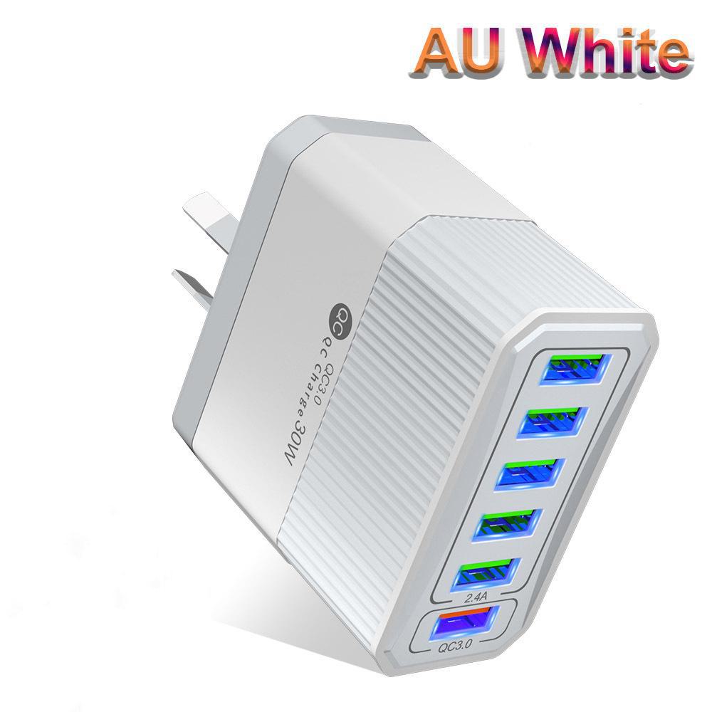 30W 6-Port QC3.0 Multi-Plug Fast Charger for EU, US, UK, & Korea