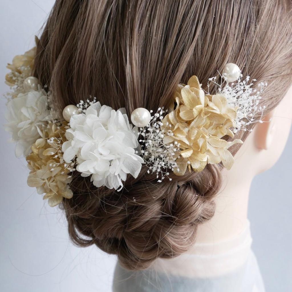 [Lomeri] Lomeri Hair Ornament Set of 12 (White Gold) Featuring Baby's Breath, Hydrangea, and Pearls (A374)