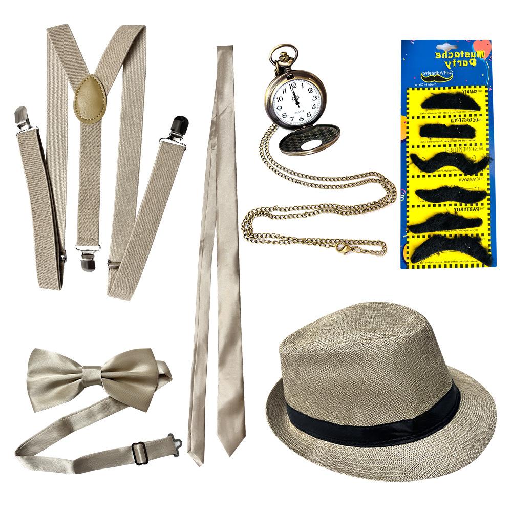 1920s Gatsby Men s Costume Accessory Set, Fedora Hat Pocket Watch Suspenders Bow Tie Mustache For Roaring 20s Party
