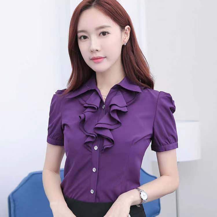 Herbst und Winter Damenmode Stehkragen Knopf Rüschen Raffbluse Einfarbig Pendler Langarm Slim Shirt
