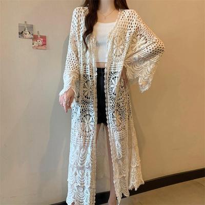 DIMANAF 2025 Nouveau Cardigan Femme Tricot Dentelle Gilet Long Creux Style Été Basique Hauts T-shirts Vêtements Amples