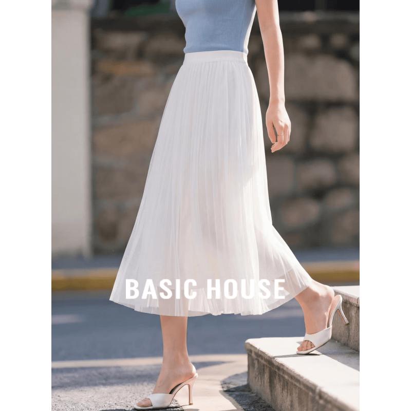 Basic House Women s High-Waist Pleated Mesh A-Line Skirt One Size